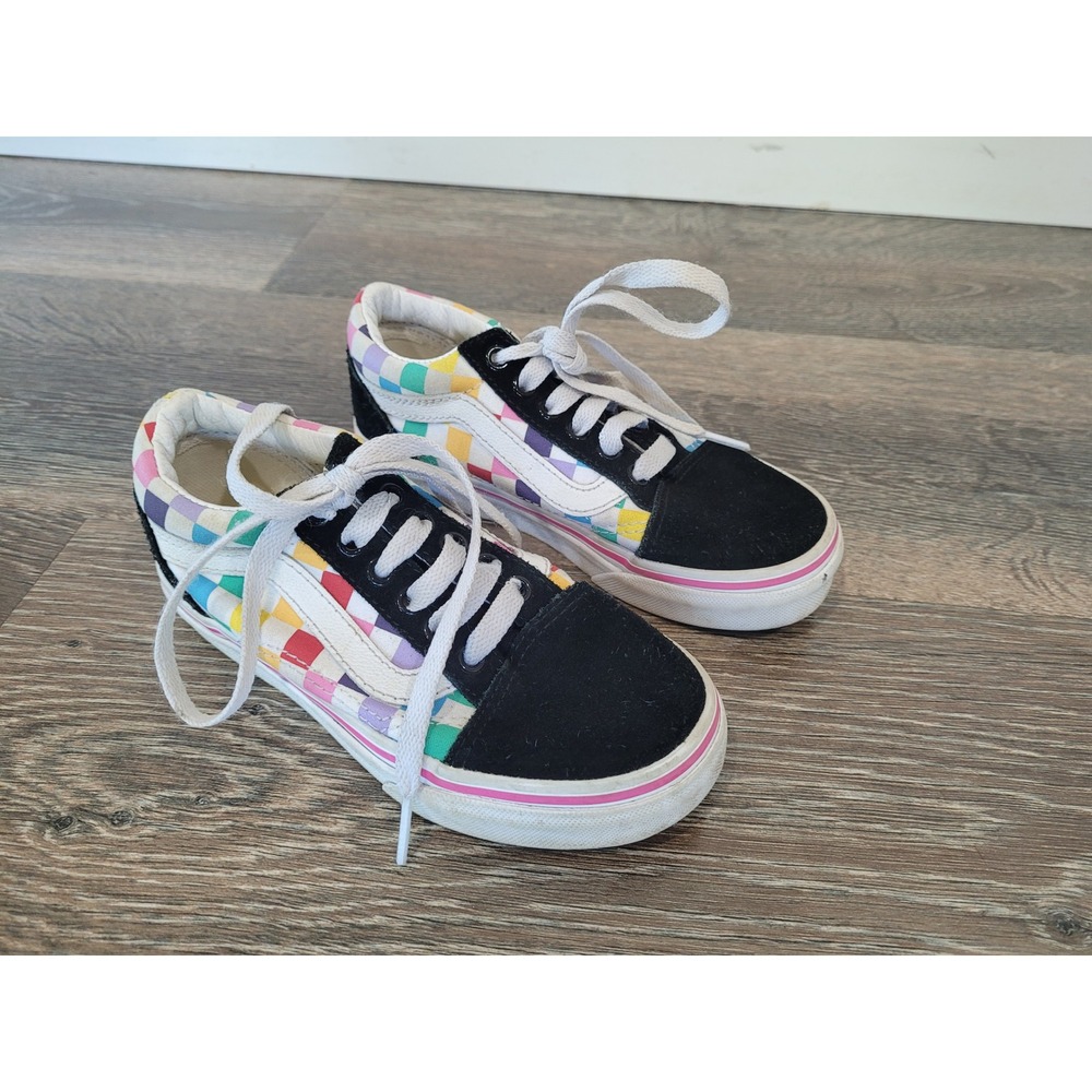 Vans Old Skool Kids 12 Rainbow Checkerboard Black Suede Low Top Sneakers #4